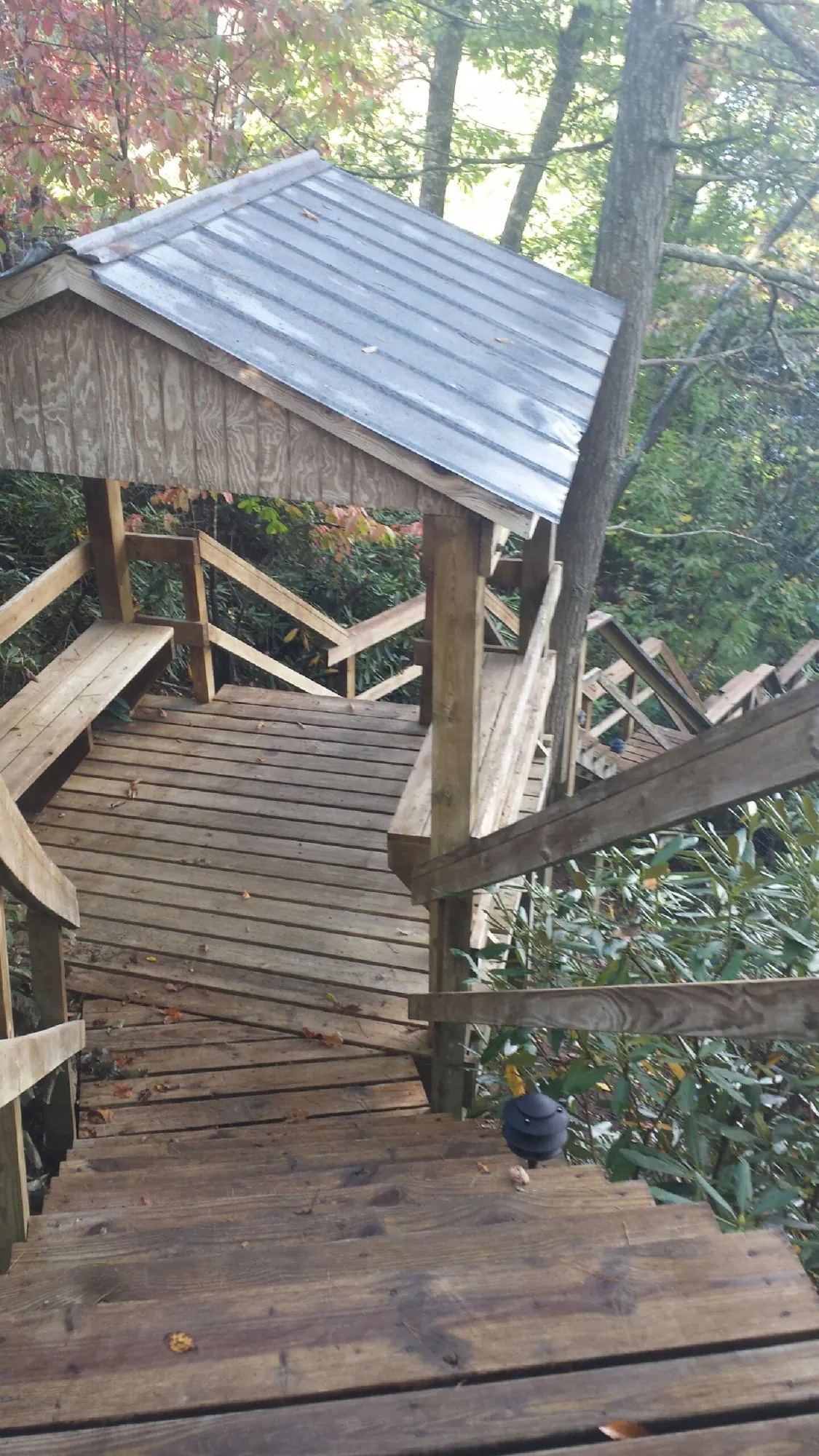 Metal roofed shelter over wooden steps on a wooded walkway — Skylight Repair & Installation work by our crew in Whitman
